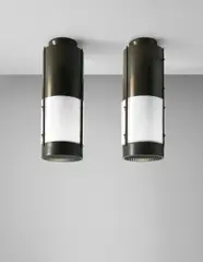 Studio B.B.P.R., Pair of large ceiling lights, designed for the cinema Mediolanum, Milan, circa 1970, Painted sheet steel, painted aluminium, painted brass, painted metal, acrylic (2)