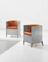 Mats Theselius, Pair of 'Fåtölj' chairs, 1990, Patinated aluminium, beech, leather, MDF