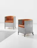Mats Theselius, Pair of 'Fåtölj' chairs, 1990, Patinated aluminium, beech, leather, MDF