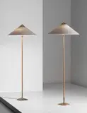 Pair of standard lamps, model no. 6902 by Paavo Tynell, 1950s, Painted aluminium, leather-wrapped tubular metal, tubular painted metal, brass, fabric shades, sold Apr 2013