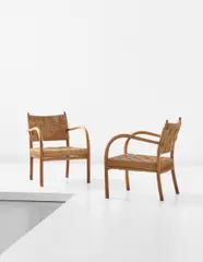 Frits Schlegel, Pair of armchairs, circa 1930, Beech, woven seagrass
