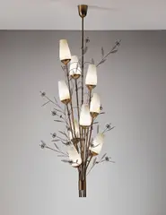 Paavo Tynell, Large ceiling light, designed for the Heinola Cinema, 1940s, Amber glass, brass, tubular brass, painted mesh metal