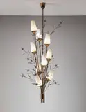 Paavo Tynell, Large ceiling light, designed for the Heinola Cinema, 1940s, Amber glass, brass, tubular brass, painted mesh metal