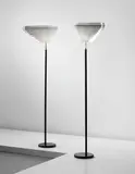Pair of ‘Angel’s Wing’ standard lamps, model no. A 805, designed for the National Pensions Institute, Helsinki by Alvar Aalto, circa 1953-1954, Painted aluminium, leather-wrapped tubular metal, leather-wrapped metal, tubular brass, sold Apr 2013