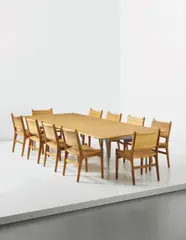 Large extendable dining table by Hans J. Wegner, 1950s, Oak, chromium-plated tubular metal, chromium-plated metal, offered Apr 2013