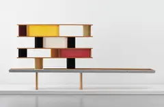 Charlotte Perriand, ‘Tunisie’ bookcase, designed for the student rooms of La Maison de la Tunisie, Cité Internationale Universitaire de Paris, 1953, Pine, painted bent aluminium, painted diamond-point aluminium, painted bent steel, mahogany