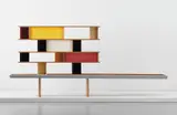 ‘Tunisie’ bookcase, designed for the student rooms of La Maison de la Tunisie, Cité Internationale Universitaire de Paris by Charlotte Perriand, 1953, Pine, painted bent aluminium, painted diamond-point aluminium, painted bent steel, mahogany, sold Apr 2013