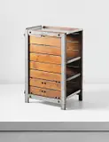 Rare storage unit, designed for the Air France Building, Brazzaville by Charlotte Perriand, 1952, Aluminium, painted bent steel, oak, sold Apr 2013