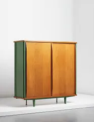 Wardrobe, model no. 100 by Jean Prouvé, circa 1952, Oak-veneered wood, oak, painted bent steel, sold Apr 2013