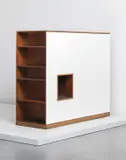 Wardrobe and room divider, designed for la chambres d’étudiant del la Maison du Brésil, Cité Internationale Universitaire de Paris by Le Corbusier and Charlotte Perriand, 1957-1959, Oak, painted oak, moulded plastic, painted metal, sold Apr 2013