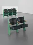 Jean Prouvé, Row of three lecture theatre chairs with adjustable seats, designed for the Faculté de Lettres, Université de Besançon, 1952-1956, Painted bent steel, painted tubular steel, oak, vinyl