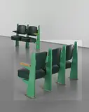 Jean Prouvé, Row of three lecture theatre chairs with adjustable seats, designed for the Faculté de Lettres, Université de Besançon, 1952-1956, Painted bent steel, painted tubular steel, oak, vinyl