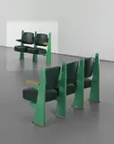 Jean Prouvé, Row of two lecture theatre chairs with adjustable seats, designed for the Faculté de Lettres, Université de Besançon, 1952-1956, Painted bent steel, painted tubular steel, oak, vinyl