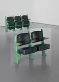 Jean Prouvé, Row of two lecture theatre chairs with adjustable seats, designed for the Faculté de Lettres, Université de Besançon, 1952-1956, Painted bent steel, painted tubular steel, oak, vinyl