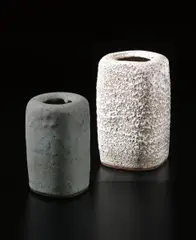 Lucie Rie, Squared flower vase, circa 1966, Stoneware, white pitted and flowing glaze, manganese elements in the body creating a brown speckle
