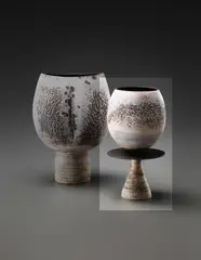 Hans Coper, Composite cup and disc form, circa 1974, Stoneware, layered white porcelain slips and engobes over a body with textured, and incised linear designs, the interior and disc with manganese glaze
