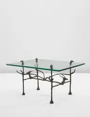 Diego Giacometti, ‘Trapézoïdale’ low table, model ‘cerfs et aux chiens’, conceived circa 1963, executed circa 1980, Patinated bronze, glass