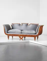 Tomaso Buzzi, Sofa, circa 1931, Burr-veneered walnut, walnut, silk