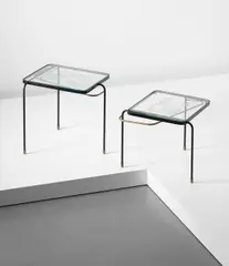 Mathieu Matégot, Two nesting tables, circa 1956, Etched glass, tubular brass, painted tubular metal