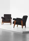 Pair of armchairs, model no. LC/PJ-SI-42-A/B, designed for the High Court and Assembly, Chandigarh by Le Corbusier and Pierre Jeanneret, circa 1955-1956, Teak, hide, sold Sep 2013