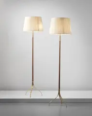 Giuseppe Ostuni, Pair of standard lamps, model no. 326, circa 1950, Brass, tubular brass, walnut, fabric shade