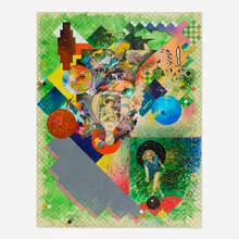 Robert Hudson, Untitled, 1980, acrylic, pastel, charcoal, graphite, paper fan and collage on paper