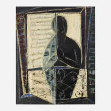 Jun'ichi Dobashi, La prière au balcon, 1954, oil on canvas laid to board