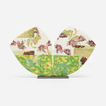 Wing by Bennett Bean, c. 2000, pit-fired, painted, digital transfer-decorated, and gilt earthenware, aluminum base, sold Oct 2025