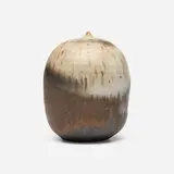 Closed Form (with rattle) by Toshiko Takaezu, c. 1985, glazed stoneware, sold Oct 2025