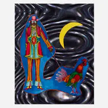 Richard Lindner, St. Marks (Man Walking a Rooster by a Crested Moon), 1971, lithograph in colors collaged on Rowlux