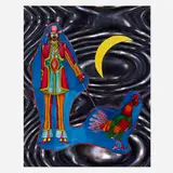 Richard Lindner, St. Marks (Man Walking a Rooster by a Crested Moon), 1971, lithograph in colors collaged on Rowlux