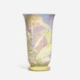 Vase with women, dragonflies and exotic foliage by Patricia Anderson Findeisen for Shearwater Pottery, sold Nov 2023