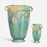 Green Baneda vases, set of two by Roseville Pottery, c. 1933, crystalline-glazed earthenware, sold Nov 2023