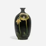 John Dee Wareham for Rookwood Pottery, Rare Carved Black Iris Glaze vase with pansies