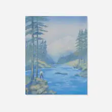 Edward T. Hurley for Rookwood Pottery, A Fisherman in the Mountains (Fine Vellum scenic plaque), c. 1943, glazed porcelain, original frame