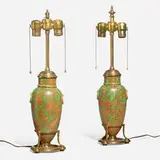 Weller Pottery, Coppertone table lamp bases, pair, c. 1925, glazed earthenware, brass