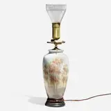 Decorated Porcelain lamp base with scenic landscape by Rookwood Pottery, c. 1930, glazed porcelain, brass, carved wood, sold Nov 2023