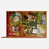 Purvis Young, Untitled (Face and Buildings), oil on found panel
