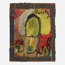 Untitled (Face) by Purvis Young, oil and found object on wood panel, sold May 2024