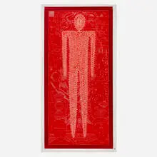 Red Jesus by John E. Buck, 1986, woodcut in colors, sold May 2024