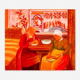 Sigrid Holmwood, The Last Peasant-Painters Peeling Potatoes (Old Woman Mill), 2007, fluorescent orange egg tempera, lead white, Prussian blue, Chrome yellow light, lead antimonate, Bohemian green earth, Spanish glazing ochre, iron oxide in soured milk and birch leaf lake in pine resin on board