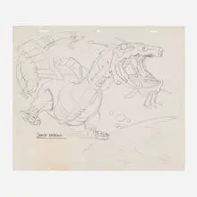 Jack Kirby, Space Dragon, graphite on paper, printed paper