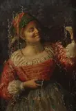 Woman in Corsetted Red Dress by Italian School, WOMAN IN CORSETTED RED DRESS, oil on canvas, sold Apr 2013