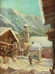 Franz Roth, Mountain Town in Snow, Oil on board