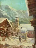 Franz Roth, Mountain Town in Snow, Oil on board