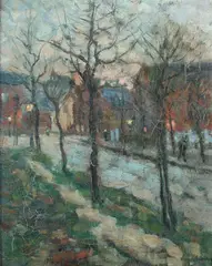 Eugene Schrodey, Street Scene at Dusk, Oil on canvas