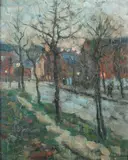 Eugene Schrodey, Street Scene at Dusk, Oil on canvas