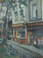 Maurice Leclercq, Mons Street Scene, Oil on board