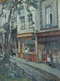 Maurice Leclercq, Mons Street Scene, Oil on board