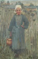 George Clausen, PEASANT GIRL CARRYING A JAR, identified and signed lower right, Oil on canvas